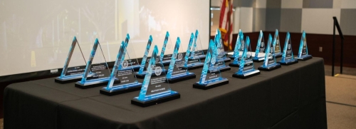 Awards on table top.